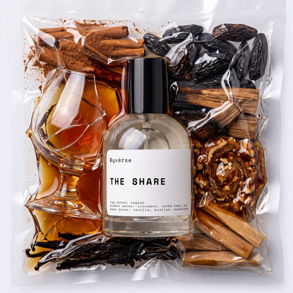 The Share Extrait de Parfum bottle – cognac, oak barrel, tonka bean and cinnamon fragrance